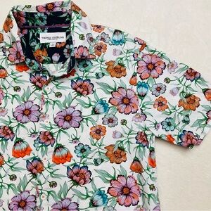 THOMAS STERLING White Colorful Floral Short Sleeve Button Down Shirt Men's Small